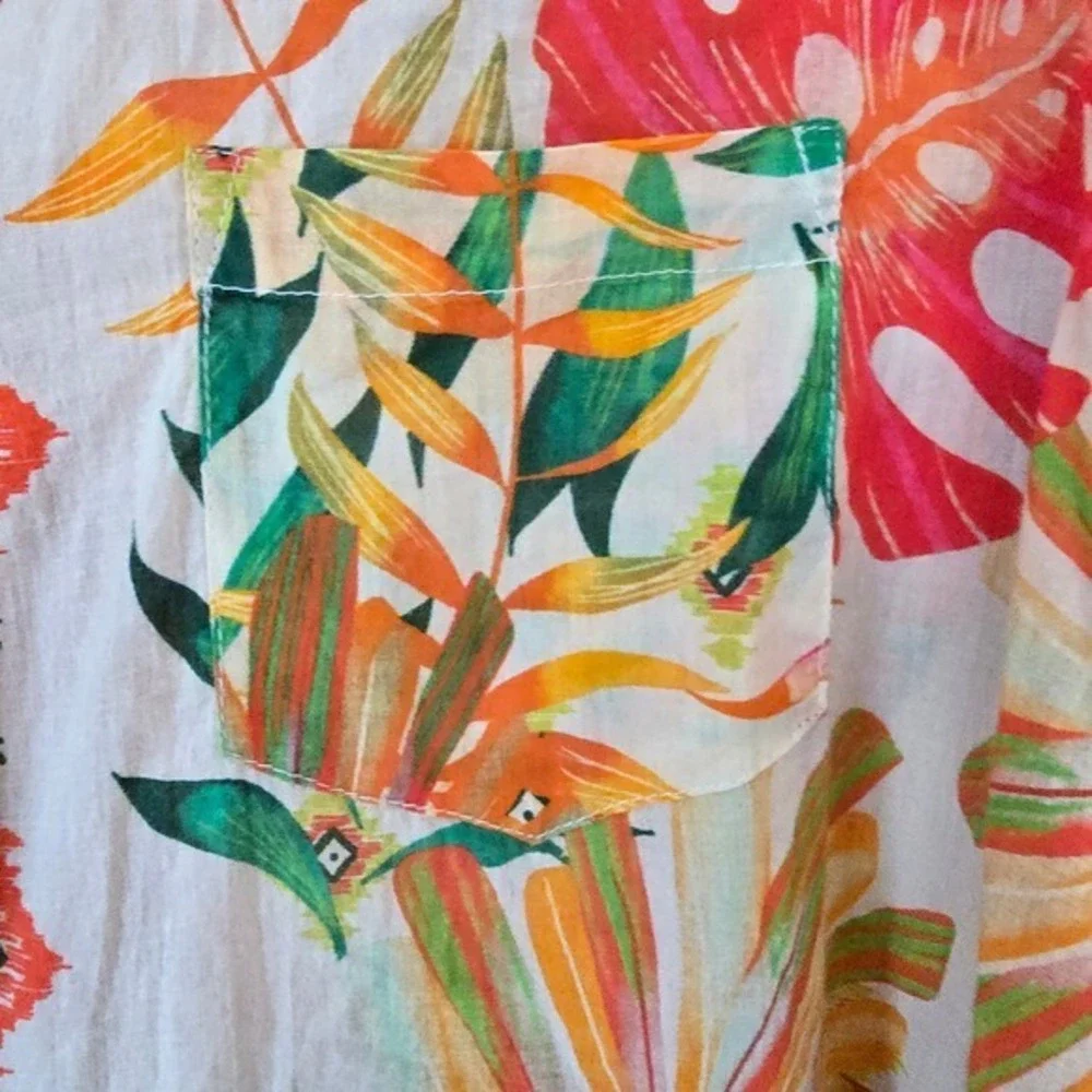 Calypso St Barth Tropical Leaf Print Embroidered Button Down Shirt XL Orange Red